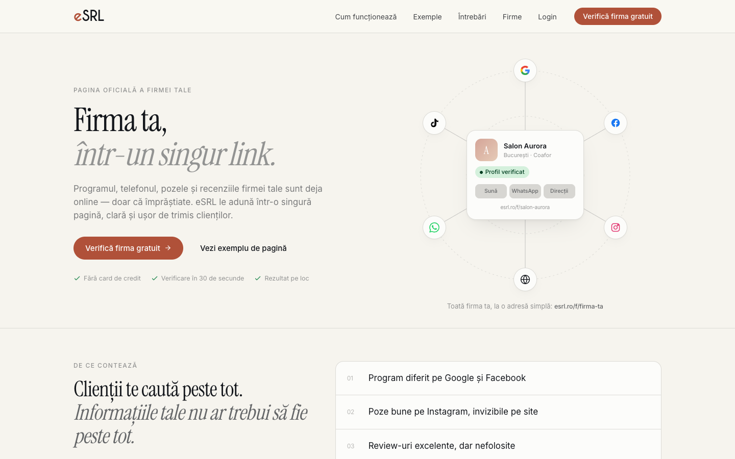 La página principal de eSRL — cómo se reúne la información de la empresa desde Google, Facebook, Instagram, TikTok y WhatsApp en un solo perfil.