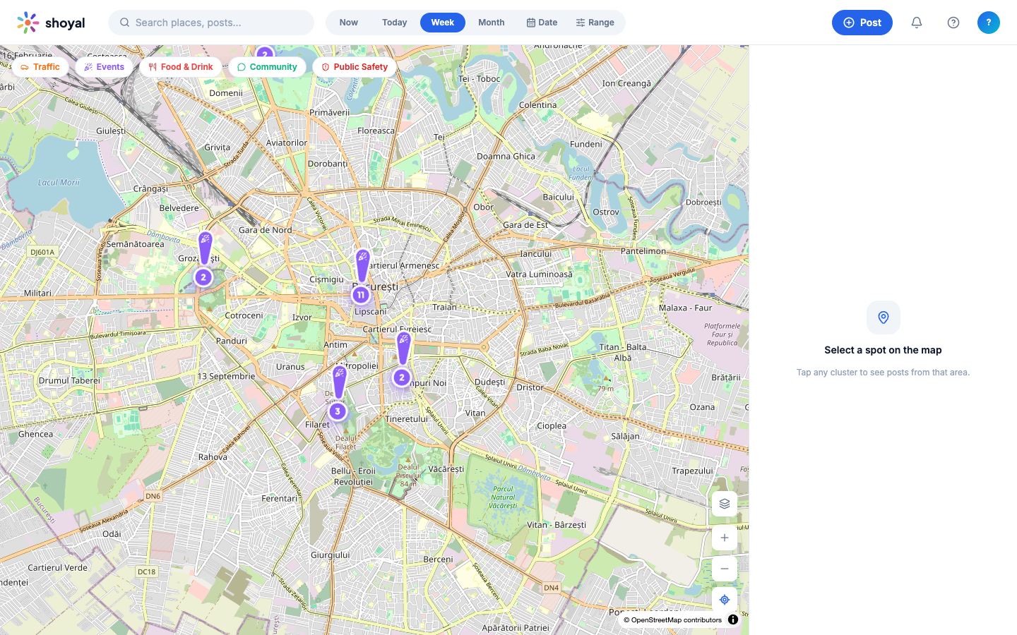 Filtrado por intervalo de tiempo («Week») — los clusters del mapa se actualizan según el periodo seleccionado.